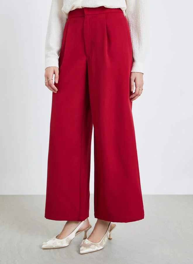 Styli Women Burgundy Wide Leg Trousers